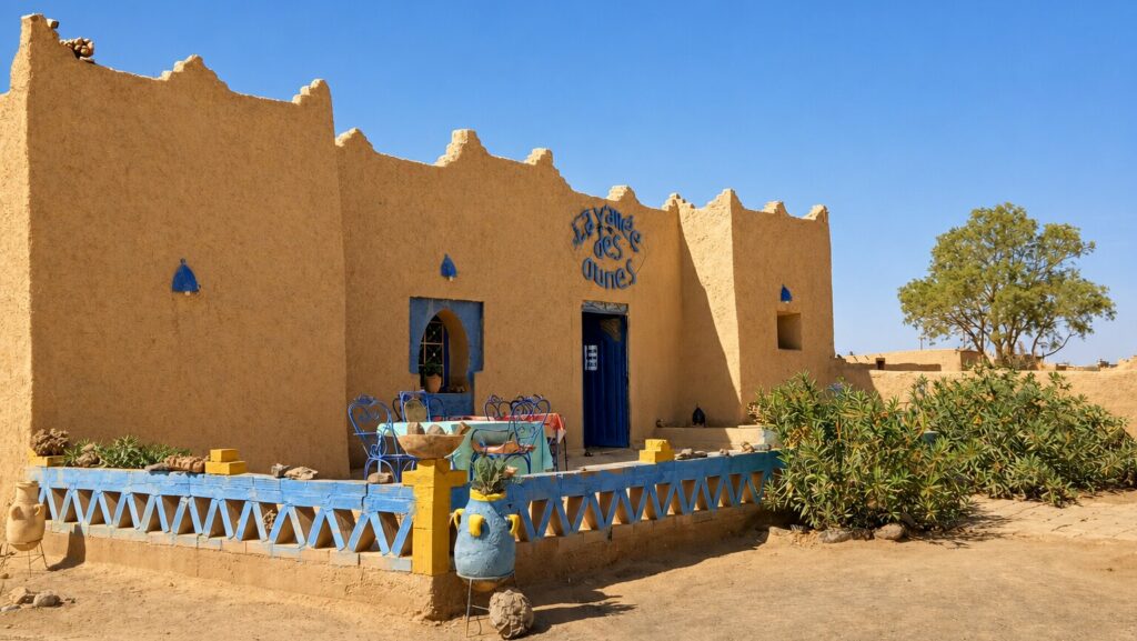 Façade de l'auberge La Vallée des Dunes à Hassilabied, près de Merzouga