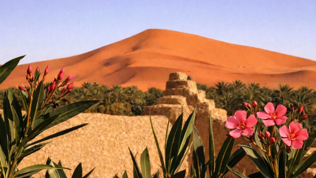 La vue depuis la terrasse de l'auberge La Vallée des Dunes à Hassilabied, près de Merzouga