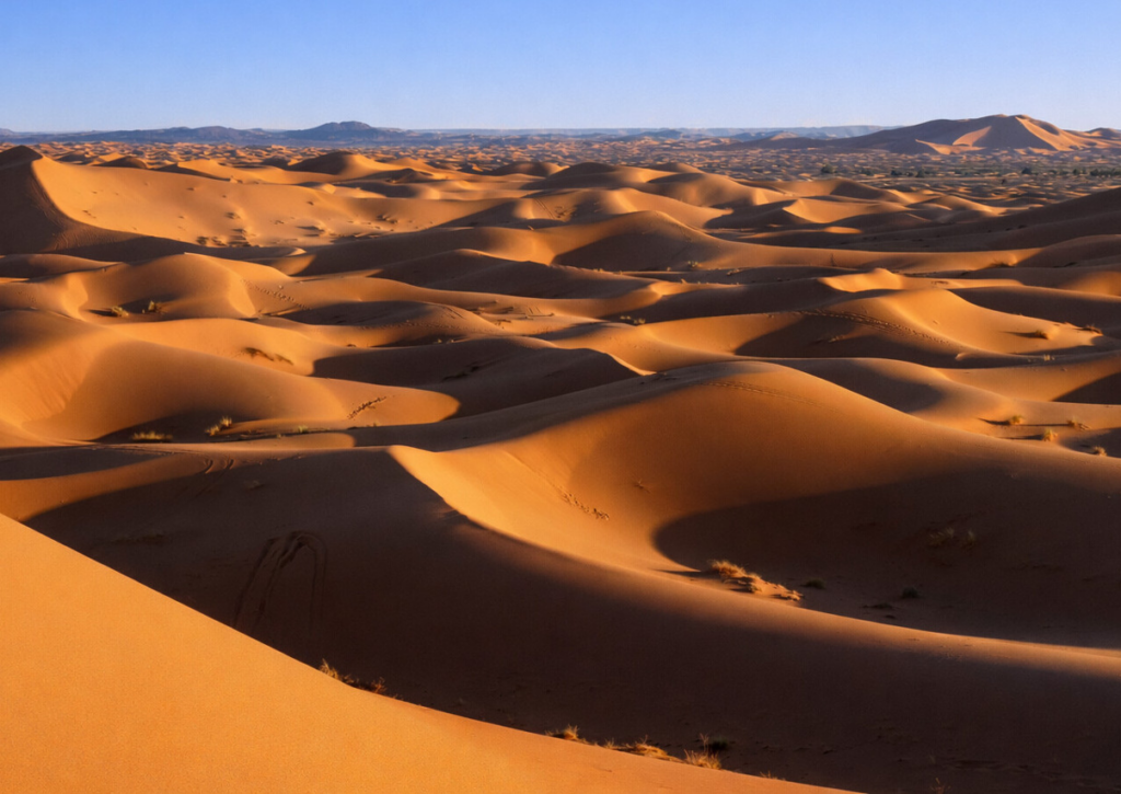 Les dunes de l'erg Chebbi s'étendent à perte de vue depuis le village de Hassilabied