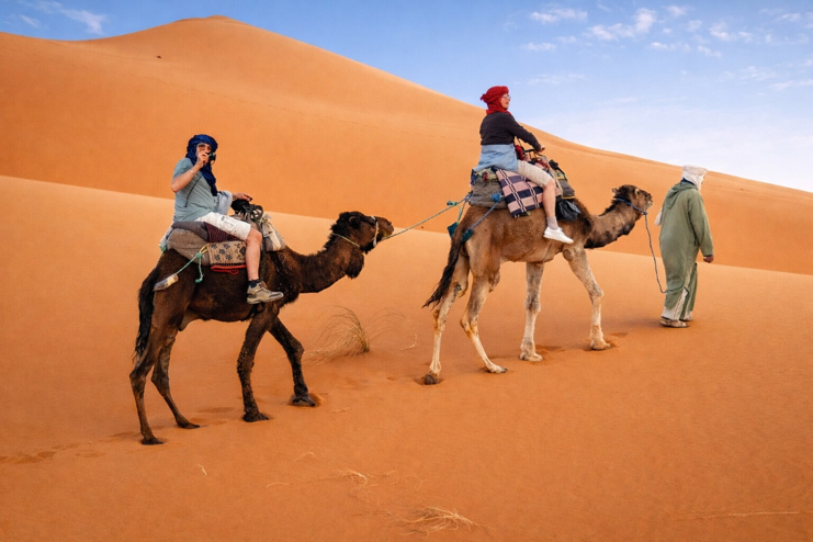 Randonnée à dos de dromadaire pour admirer le coucher du soleil, dans les dunes de l'erg Chebbi