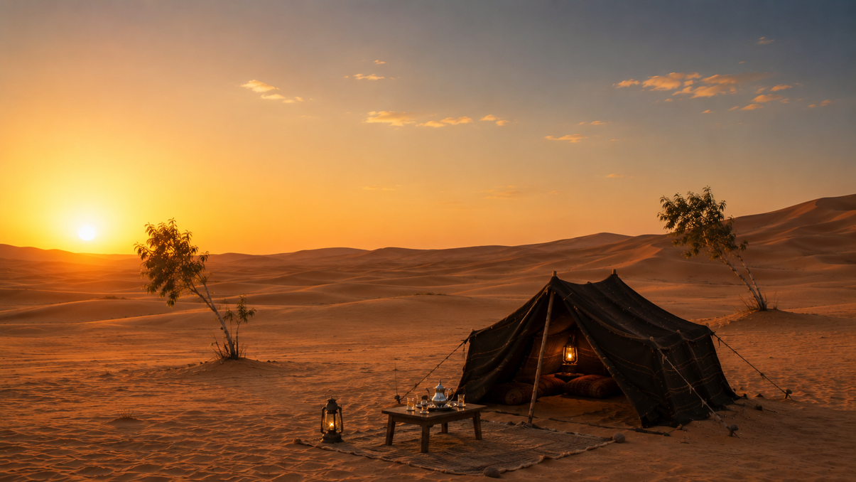 Bivouac traditionnel au cœur des dunes de l'Erg Chebbi