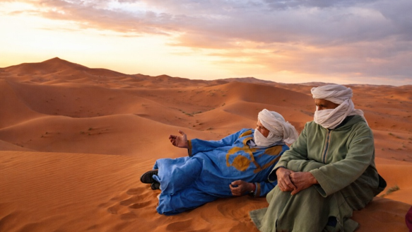 Les chameliers profitent d'une pasue dans les dunes, face au village de Hassilabied