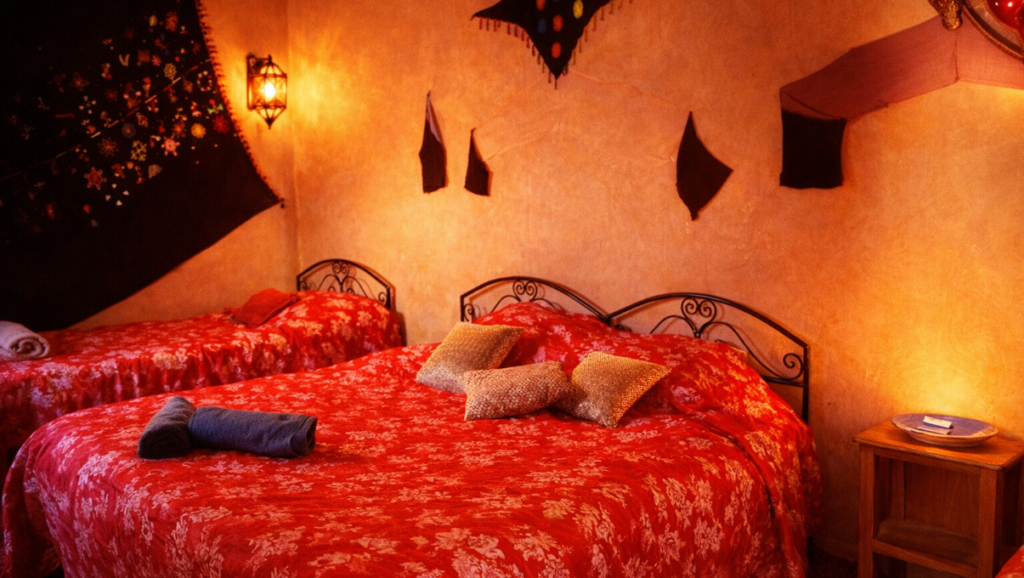 Chambre familiale pour 4 personnes dans l'auberge en pisé face aux dunes du Sahara